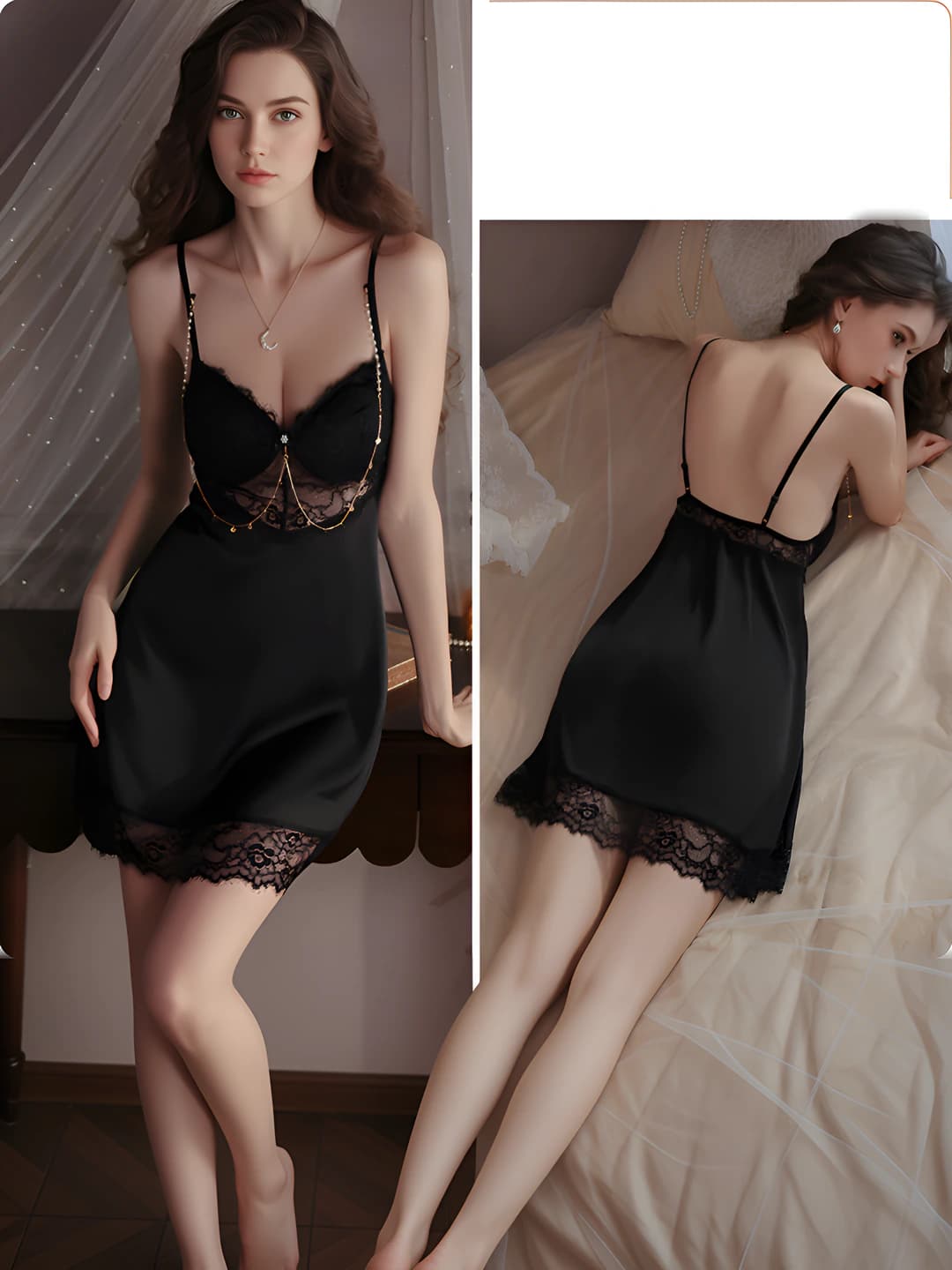 4694 Black (Pajama Set + 4694 Pearl Chain)