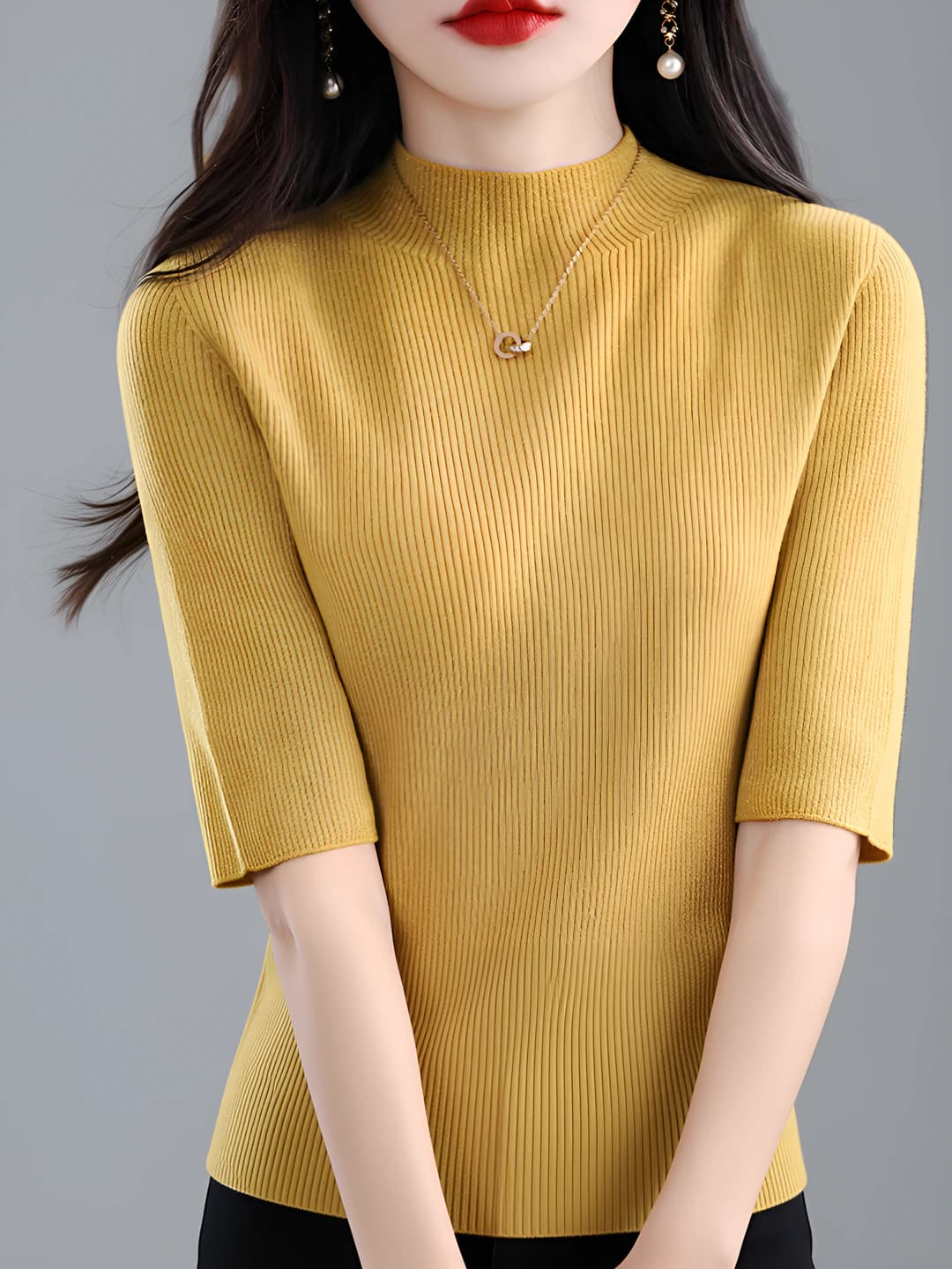 2026 spring women's knit top with mock neck, elbow-length sleeve, slim fit, solid colour