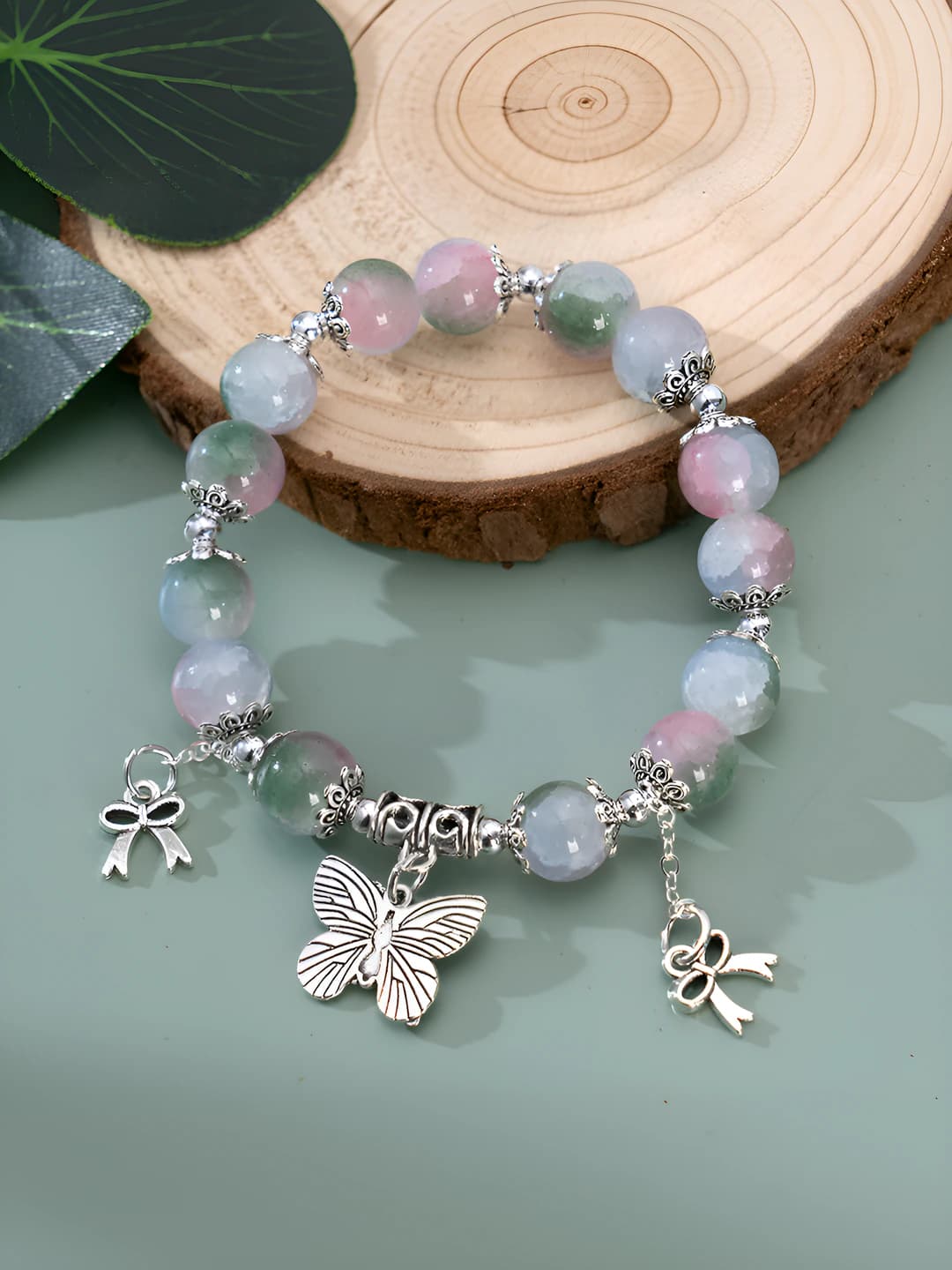 Jade green-pink-blue butterfly double tassel