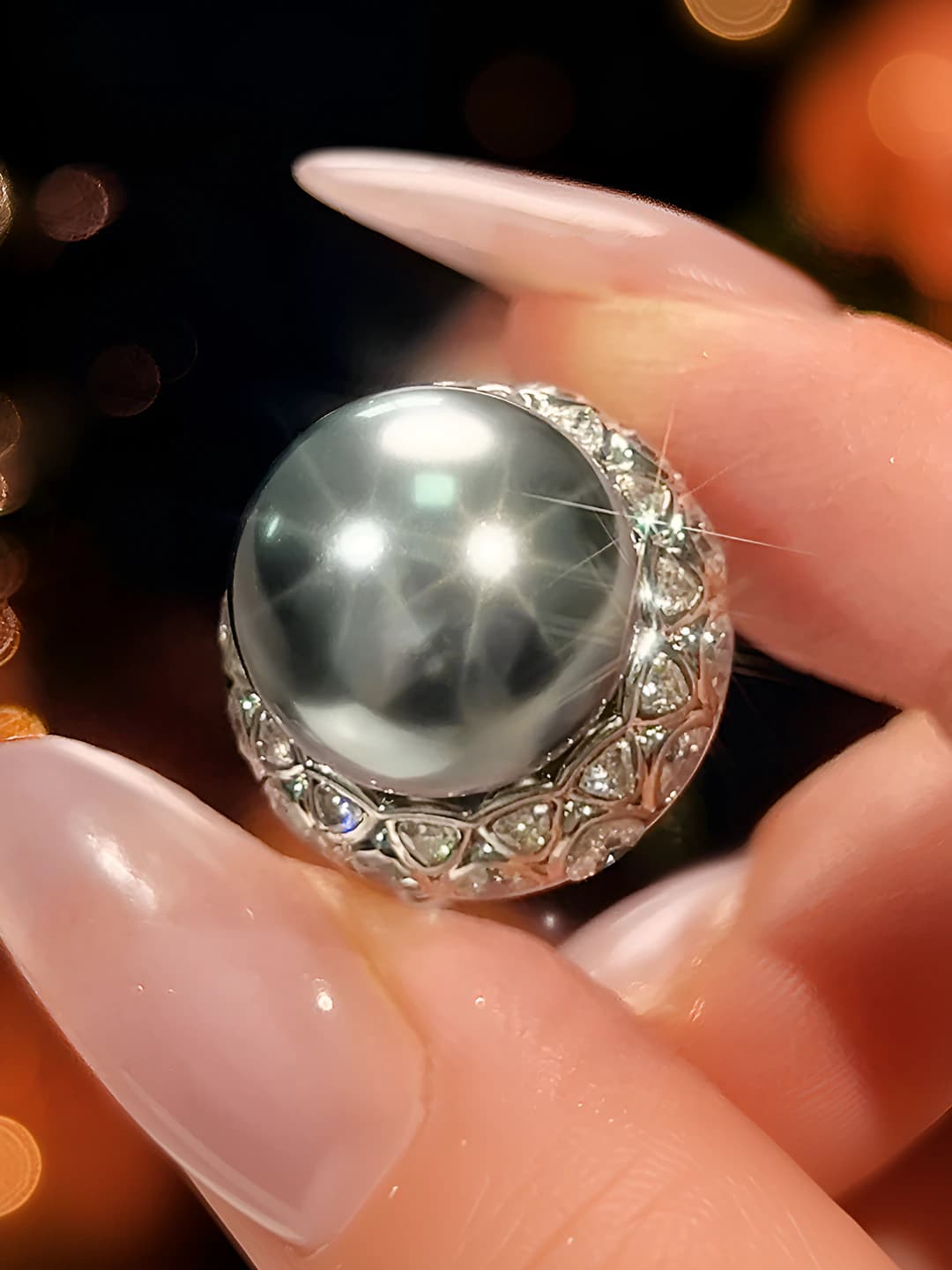 Women's retro ring 14mm, closed, metal, geometric shape, diamond inlay