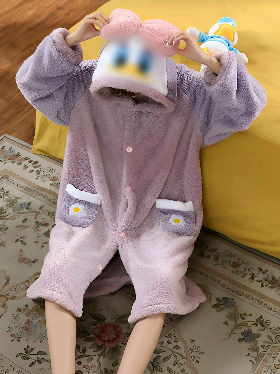Ayollar uchun koral flis uy xalati, uzun, qalinlashtirilgan, kuz-qish, karton uslub, pijama to'plami
