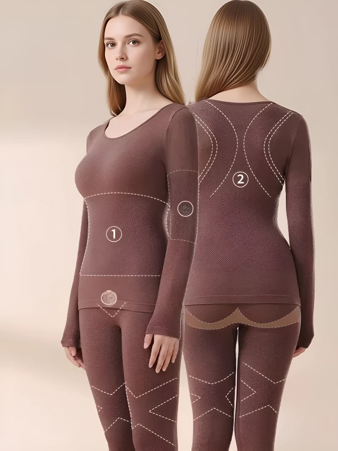 Women's autumn-winter thermal underwear set: long-sleeve base top and trousers, seamless, solid colour, 70%–80% nylon