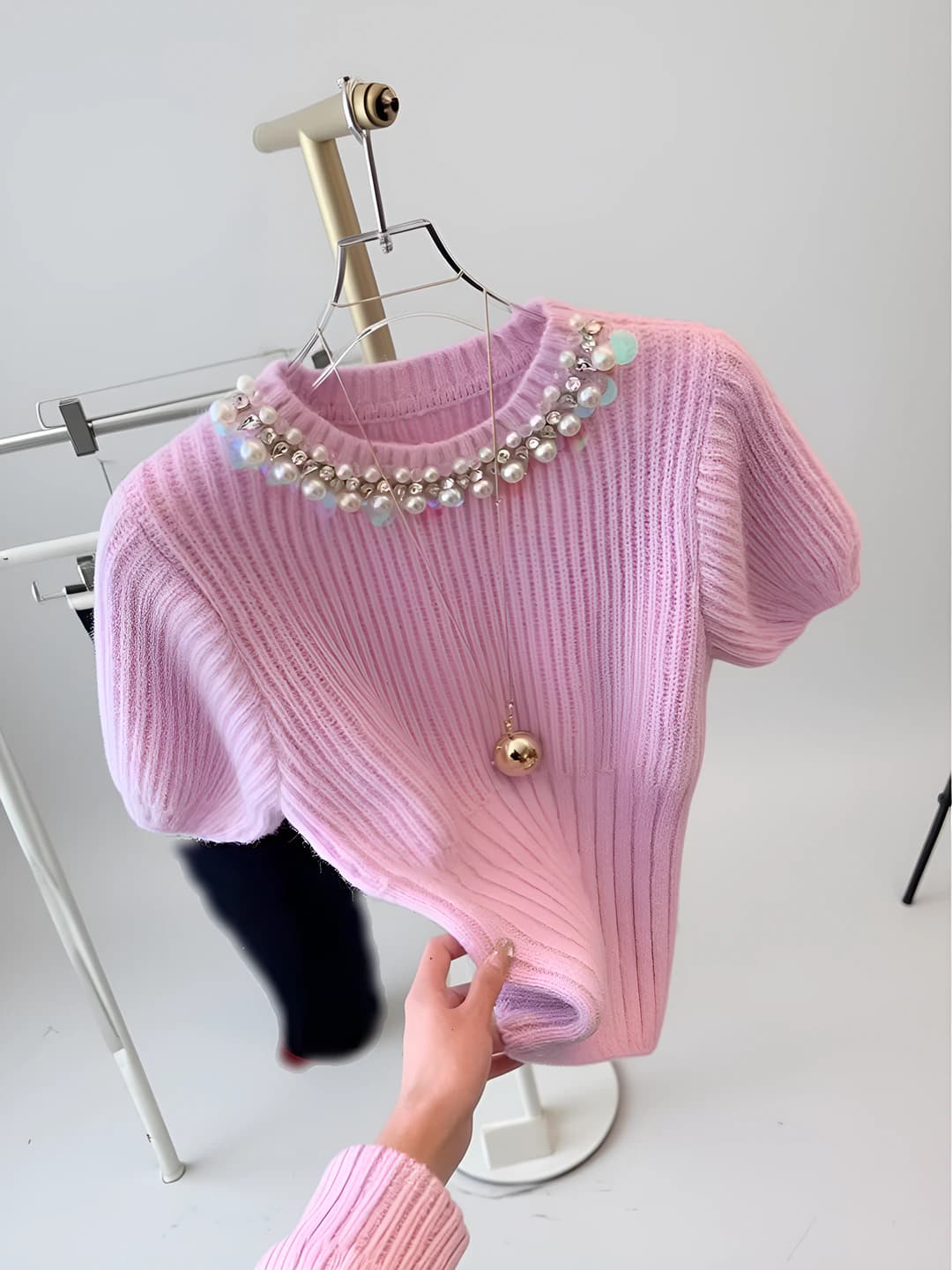 Women's summer knitted short-sleeve top, crew neck, solid colour, cropped, regular fit, casual Japanese style