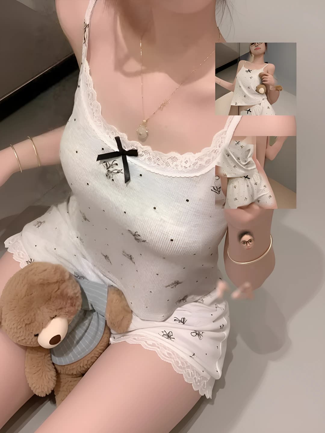 Women's summer pajama set with camisole top and shorts, crew neck, polyester fabric, loungewear