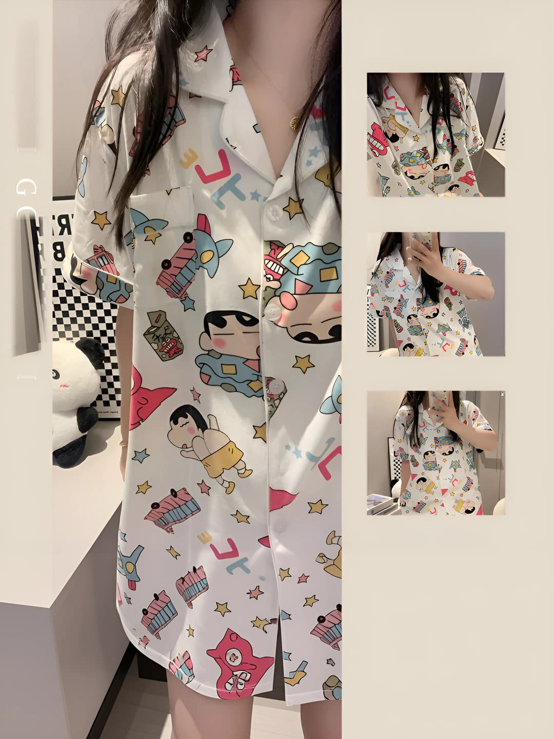 Women's summer pajama set: short-sleeve cardigan and shorts, lapel collar, cartoon style