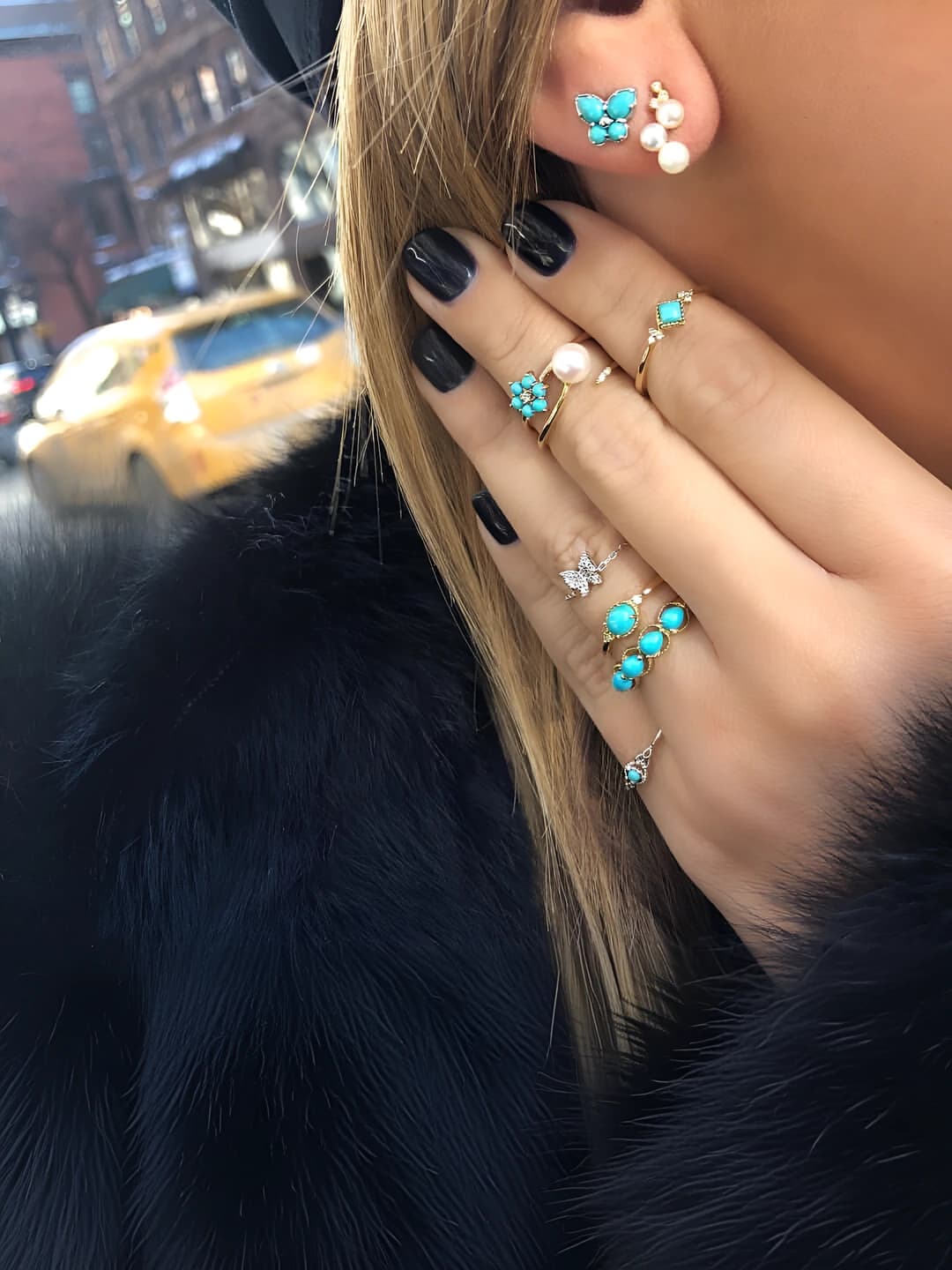 Women's summer set: 8-piece ring and earring set with turquoise and pearl alloy