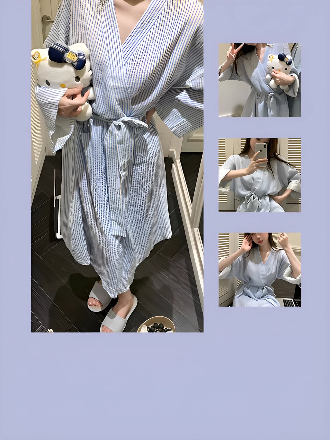 Women's striped printed house robe, long sleeve, V-neck, for spring-autumn and winter, loungewear, can be worn outside