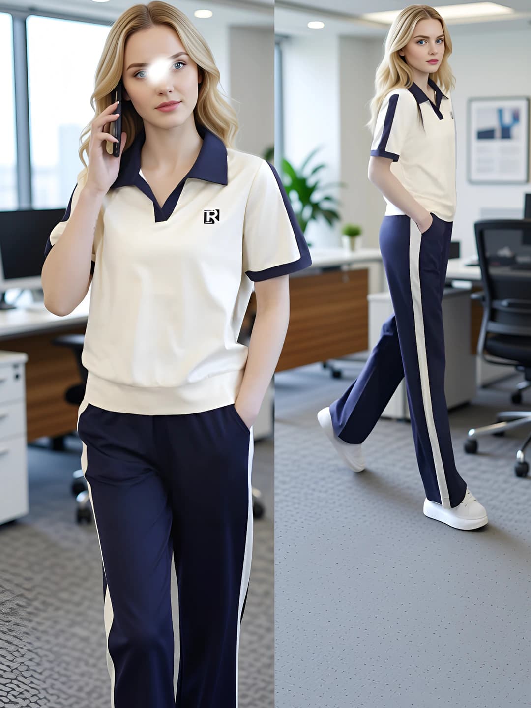 White shirt + blue pants