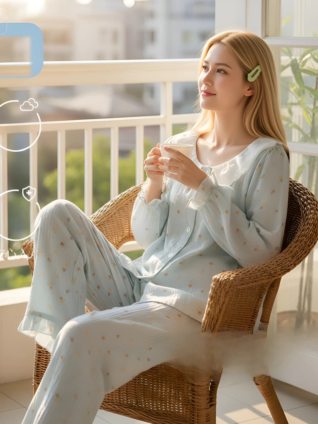Women's pure cotton lace pajama set, long sleeve, trousers, crew neck, loose fit, breathable, all-season loungewear