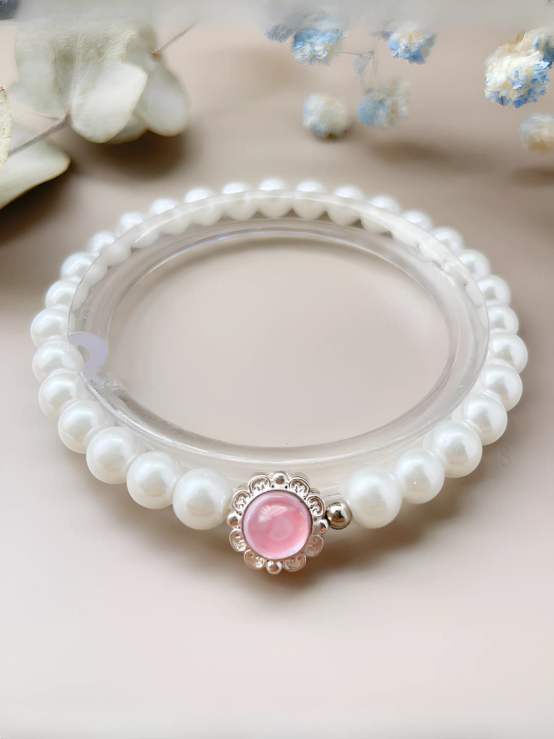 Summer aquamarine and pearl bracelet for women, Korean style, design element