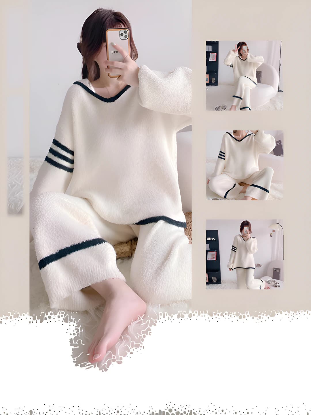 Women's coral fleece loungewear set: thickened, warm, crew neck, long sleeve, trousers, solid colour, casual, for autumn-winter