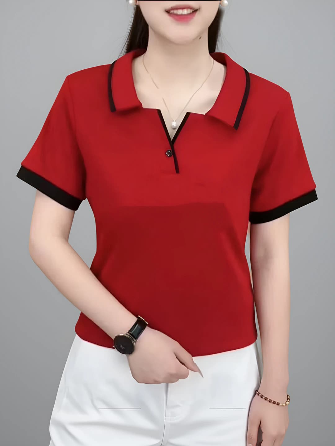 Women's 2026 summer Korean style polo with retro lapel collar, loose fit, slimming effect and short sleeve