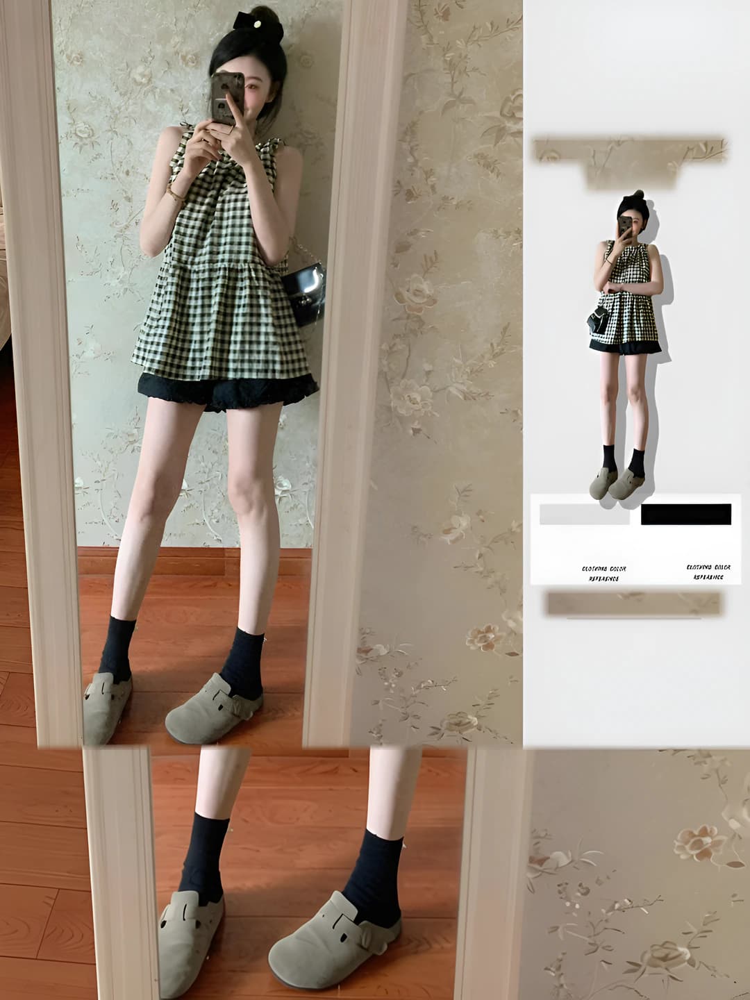 Women's summer Korean style crew neck sleeveless gingham set: sleeveless top and short shorts