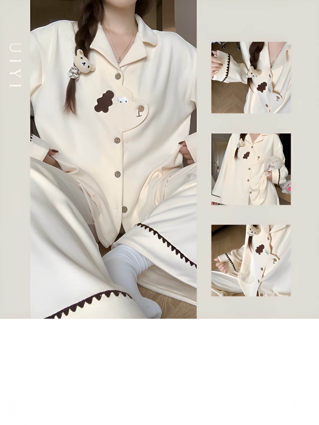 Women's plus size thickened pajama set with long sleeve and trousers, crew neck, autumn-winter, sweet style