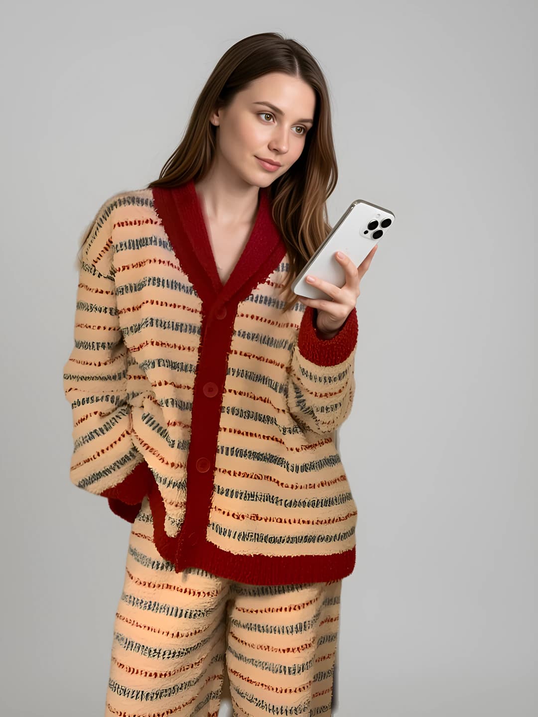 Women's plus size loose fit fleece-lined thickened V-neck striped loungewear set (pyjamas), Korean style, for autumn-winter