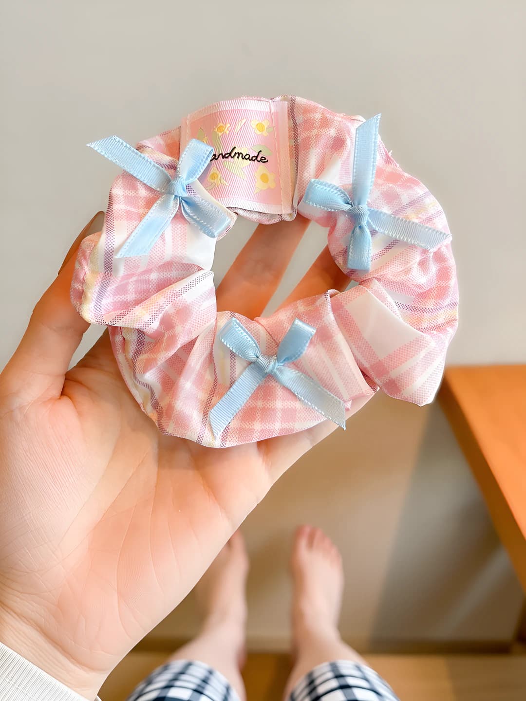 Pink plaid, bow, 11 cm