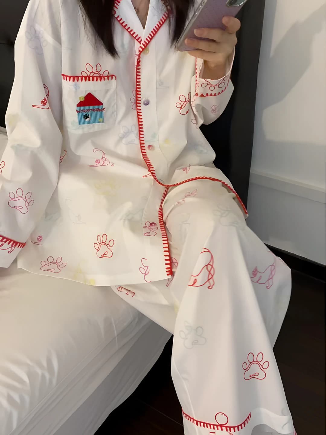 Ayollar uchun koreys uslubida bir rangli V-yoqali uzun yengli pijama to'plami, bahor-kuz va qish mavsumi uchun, bo'sh (oversize) kundalik uy kiyimi