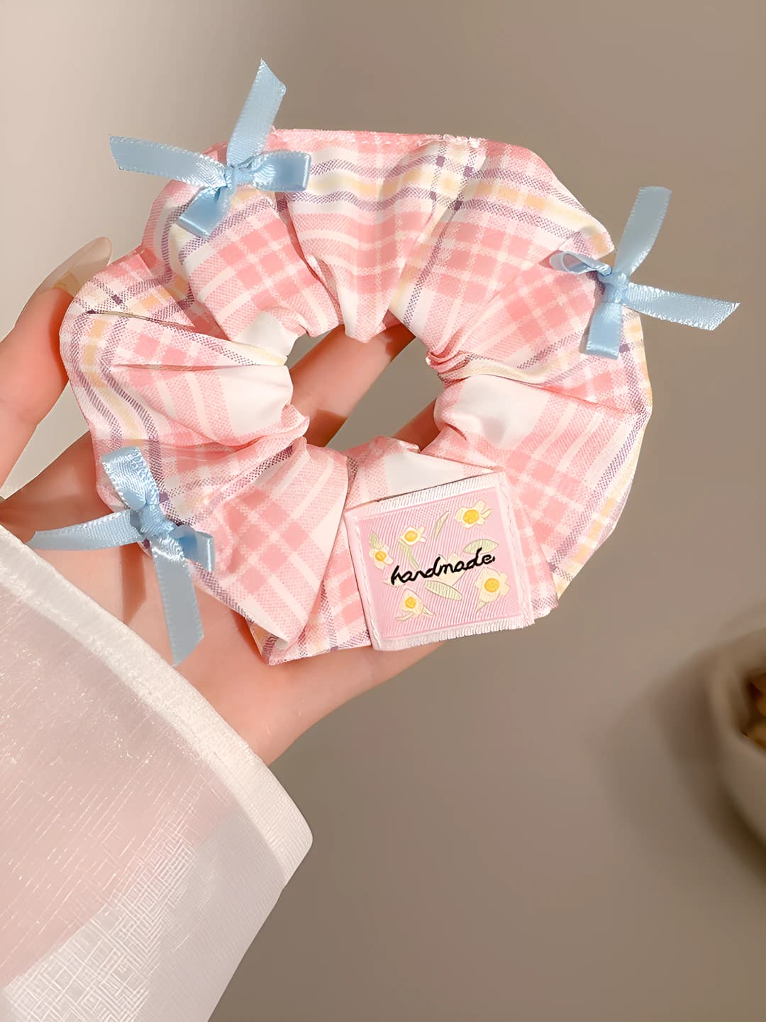 Pink plaid, bow, 11 cm