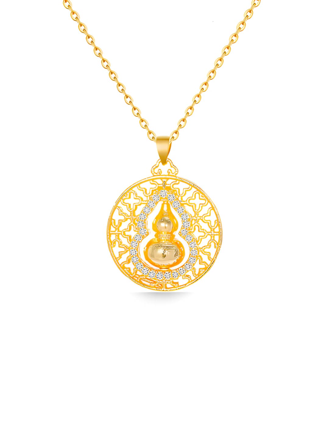 Women's vintage-style gourd pendant necklace with rhinestones, Vietnamese gold color, braided cord, O-chain