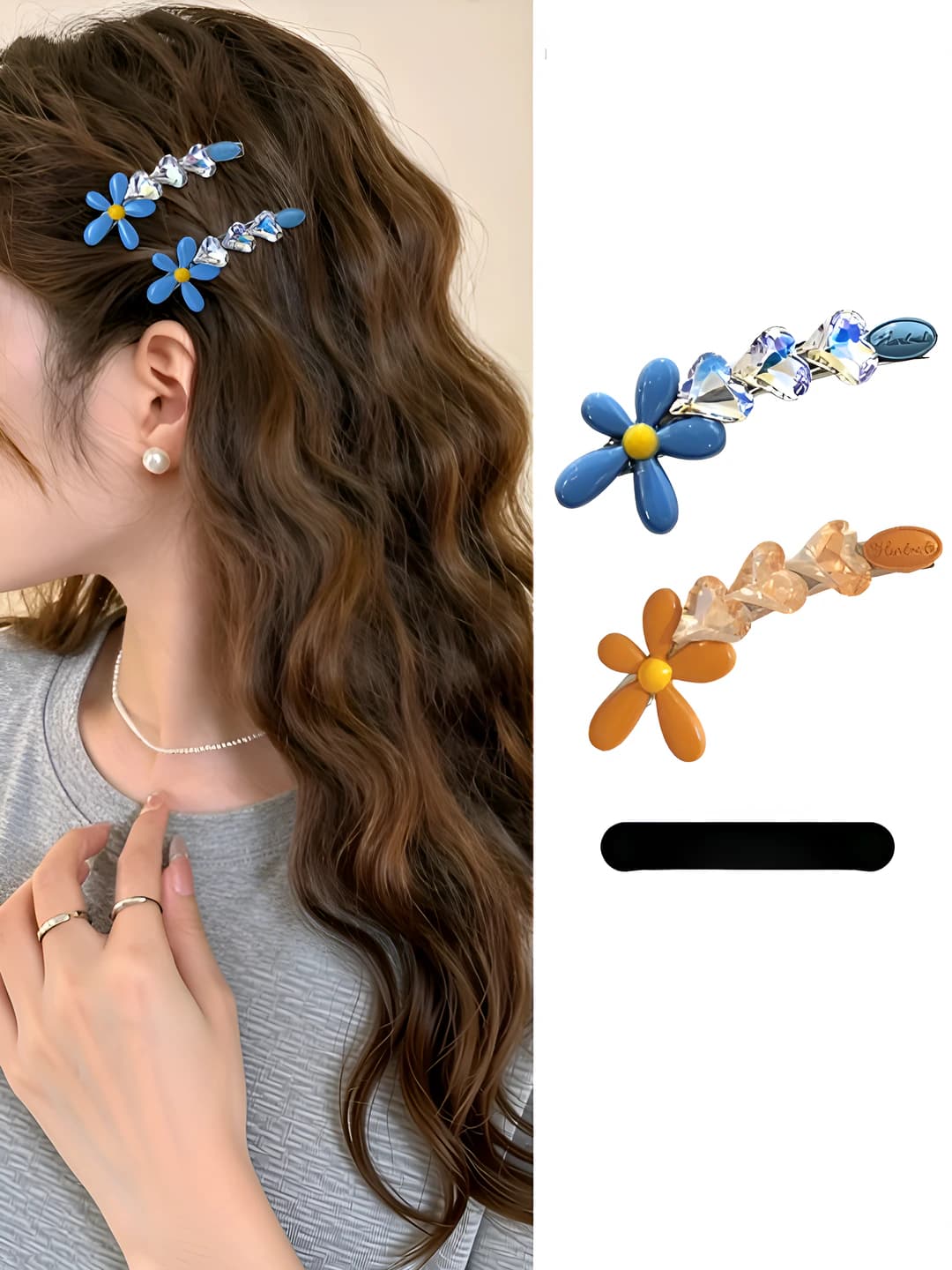 Women's blue hair clip with rhinestone flowers and heart, for bangs