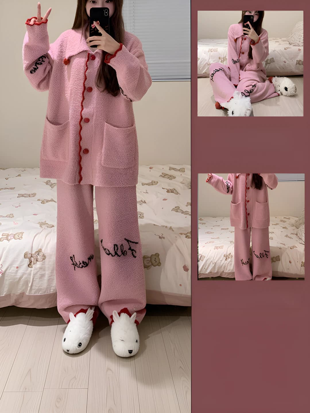 Women's coral fleece pyjamas set (2026), fleece-lined, thickened, printed, lapel collar, long sleeve, autumn-winter, Korean style, plus size