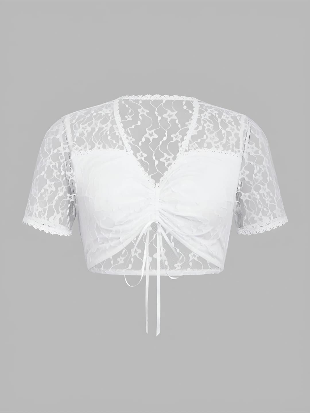 Women's lace crop top, white, V-neck, short sleeve, casual style