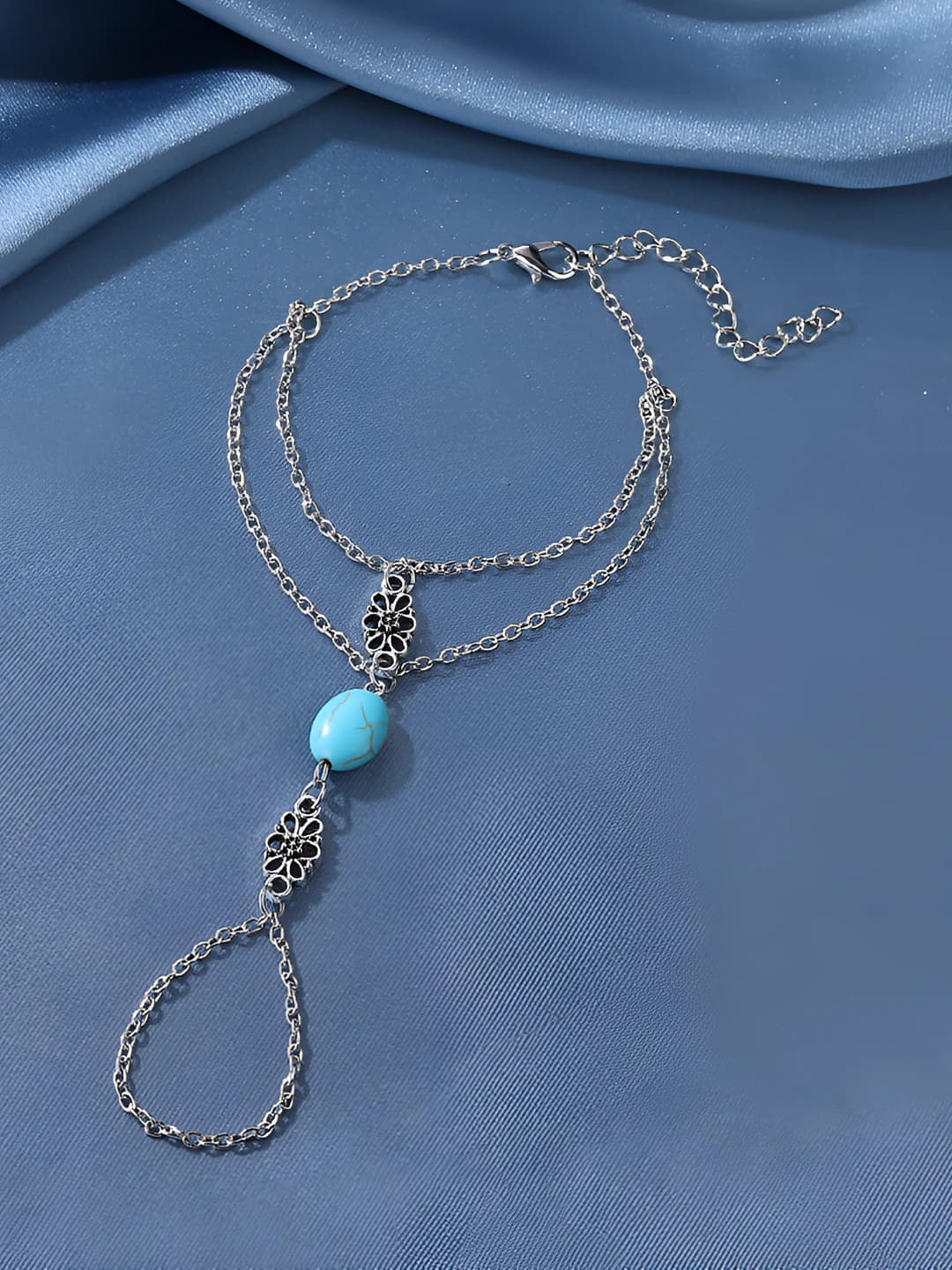 Women's retro boho turquoise heart-shaped double-layer anklet