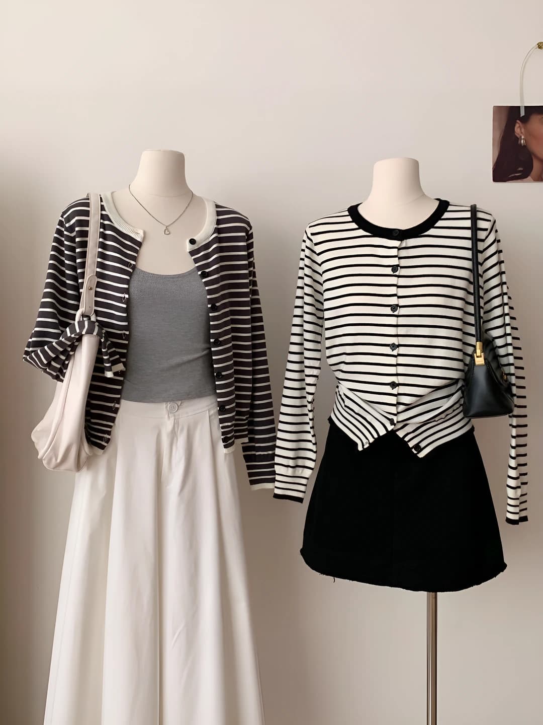 Women's striped knit cardigan, spring-autumn, loose fit, crew neck, long sleeve, cropped