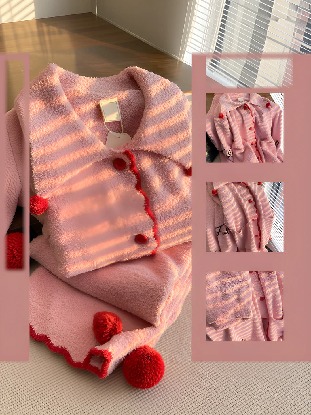 Женский зимний комплект пижам с начёсом, утеплённый, с принтом, с отложным воротником, длинный рукав, в корейском стиле, сладкий стиль
