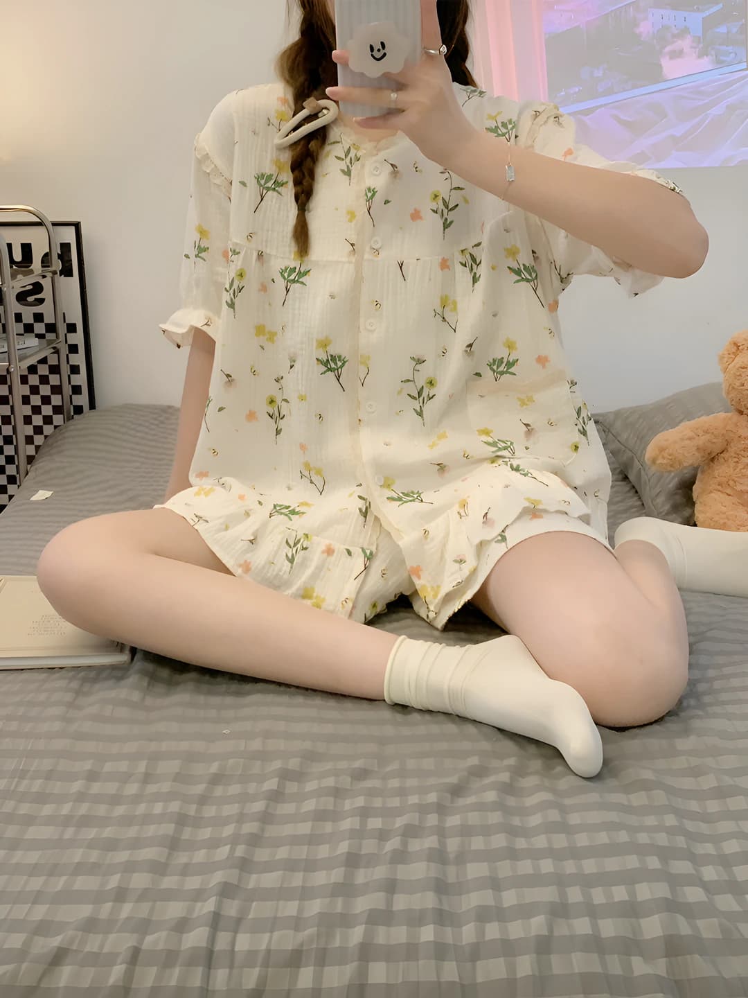 Women's summer lace floral thin short sleeve pajama set with shorts