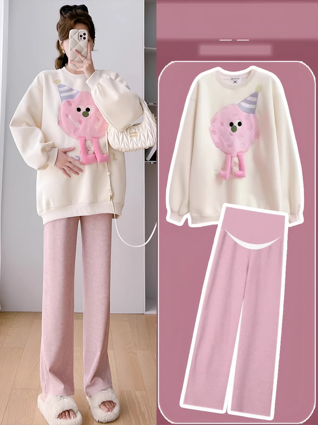 Women's casual loose fit sweatshirt and trousers set, long sleeve, polyester, spring-autumn 2026