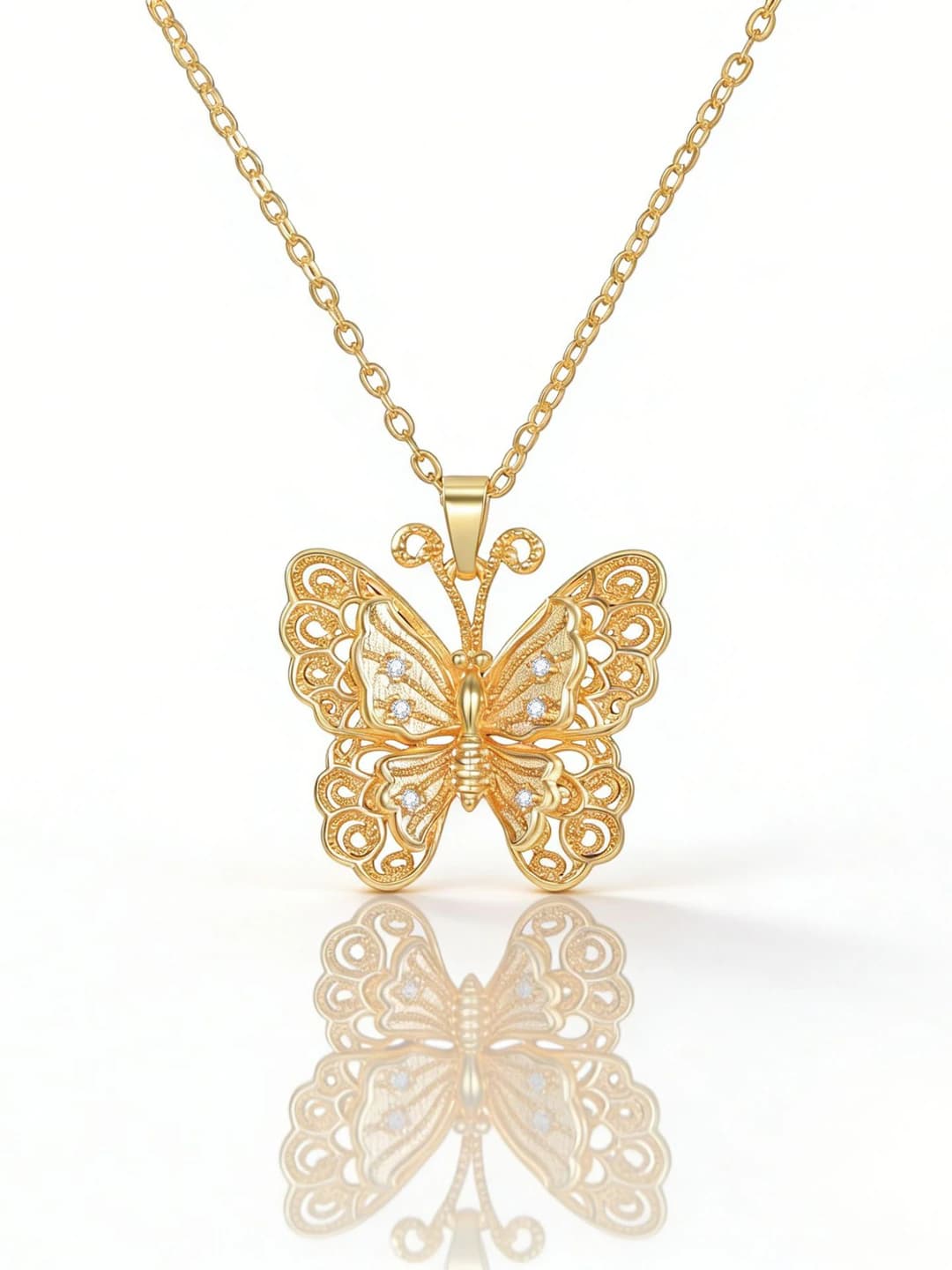 Women's butterfly pendant necklace, two-layer 3D filigree, gold plated, DIY accessory, sweater chain
