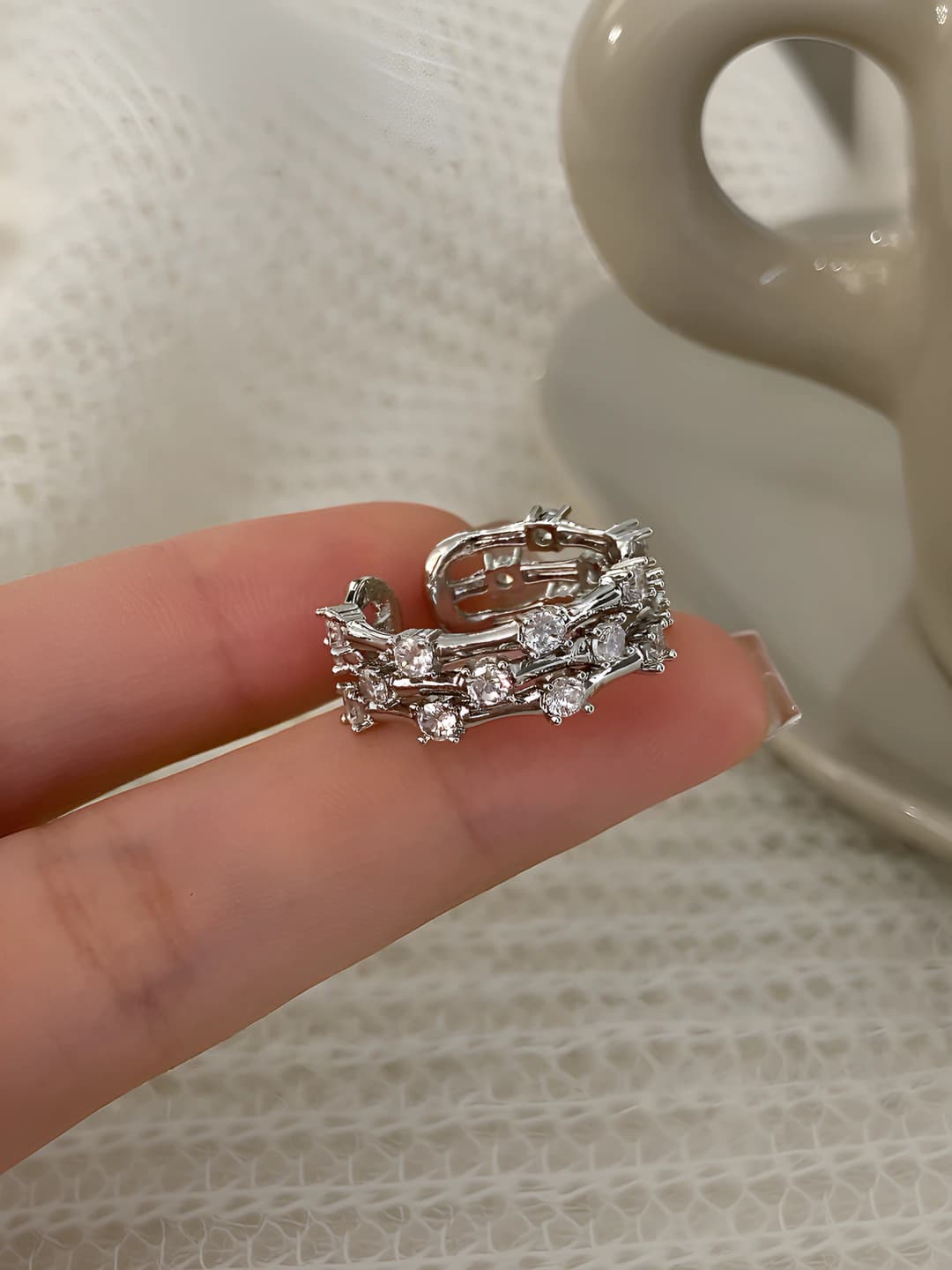 Silver sparkling zircon triple ring