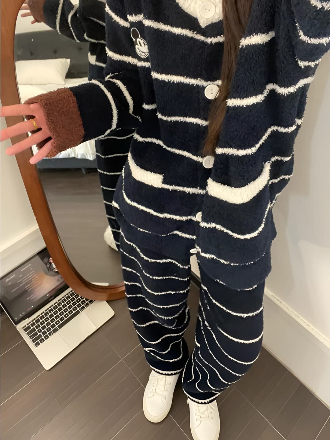 Ayollar uchun chiziqli pijama to'plami, katta o'lcham, qalinlashtirilgan, yumshoq, kuz-qish mavsumi uchun
