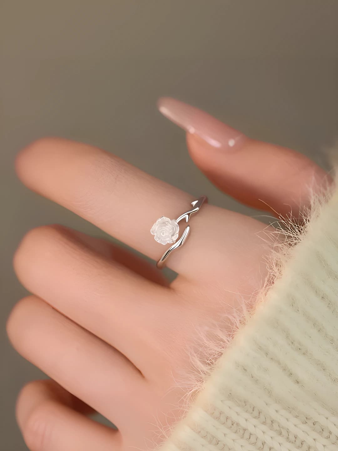 Open ring for women, copper, electroplated, French style with camellia and rose branch design