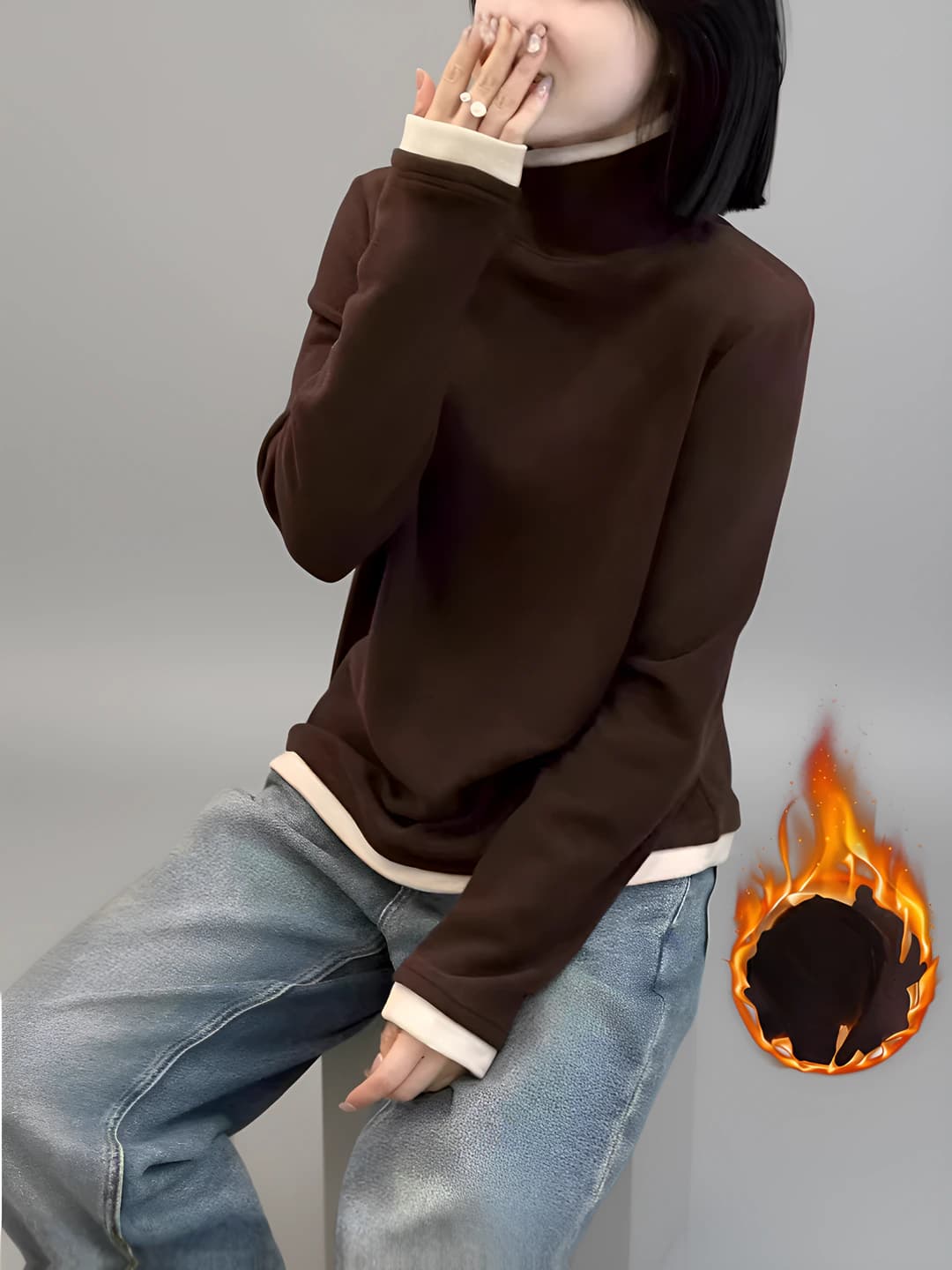 Women's autumn-winter long-sleeve high neck loose fit solid colour long-sleeve base top