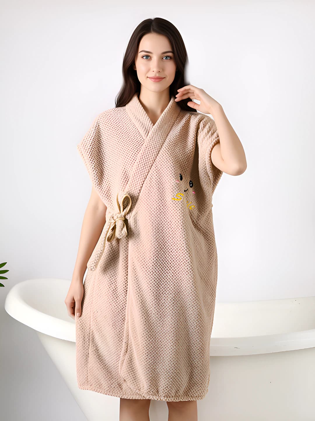 Short-sleeve tie [Brown] Face Embroidery