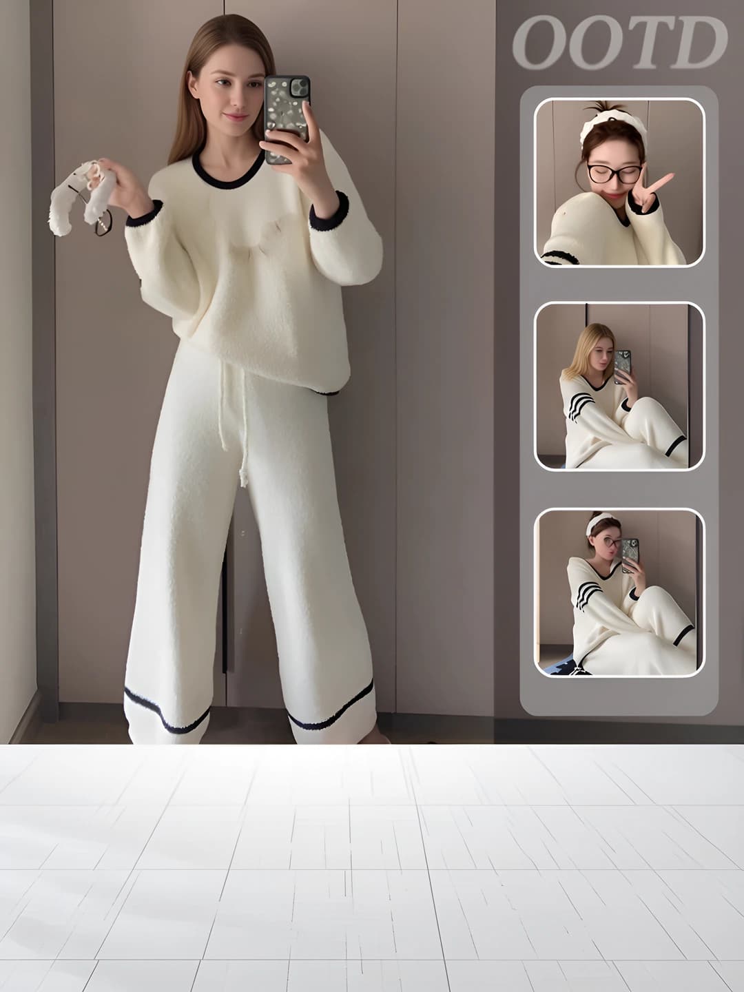 Women's thickened coral fleece loungewear set, V-neck, long sleeve, trousers, warm, for winter