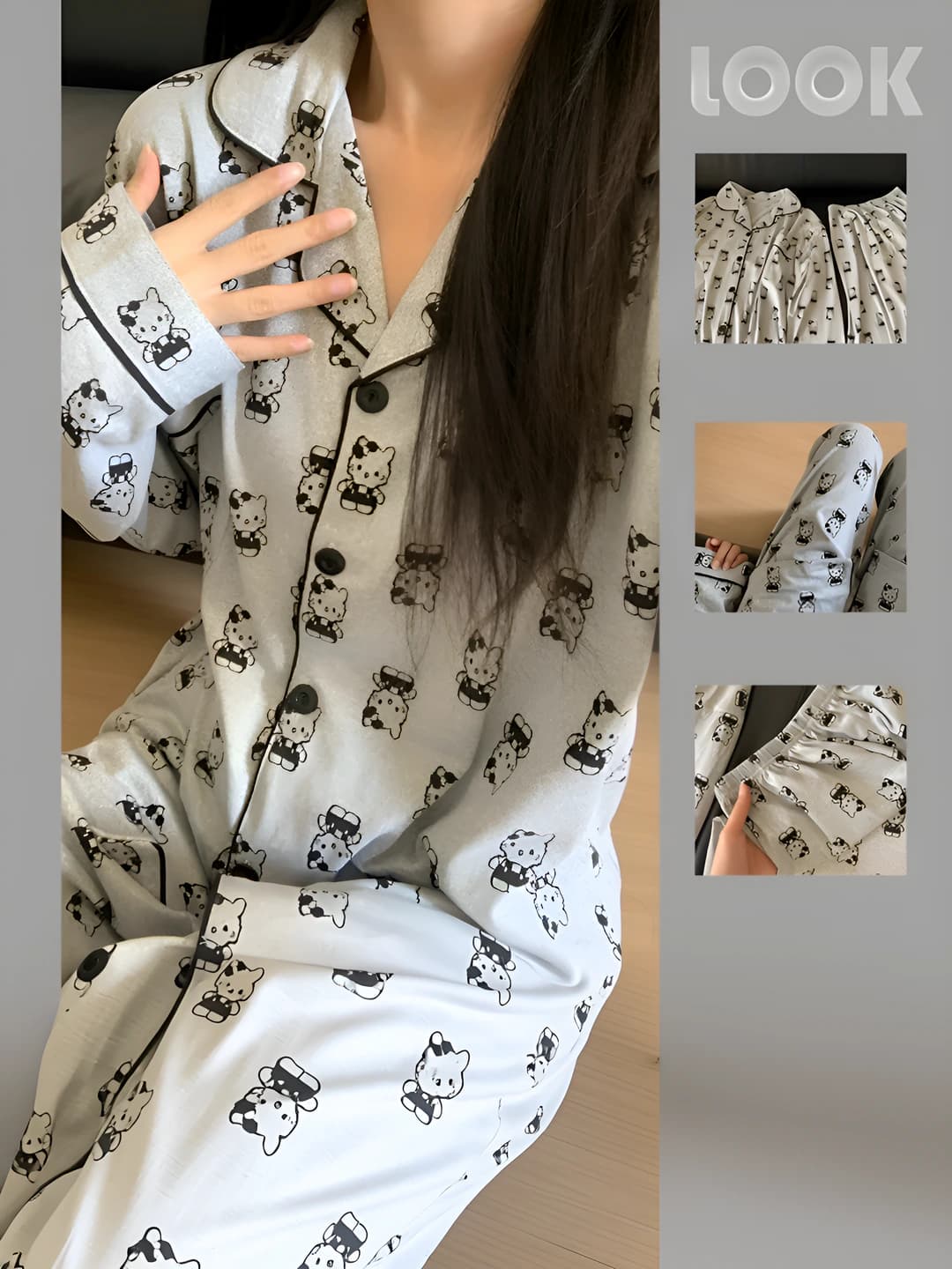 Ayollar uchun koreys uslubida shirin sevimli mushuk bosma naqshli uzun yengli bo'sh (oversize) pijama to'plami: uzun yengli kardigan va uzun shim, kuzgi uy kiyimi