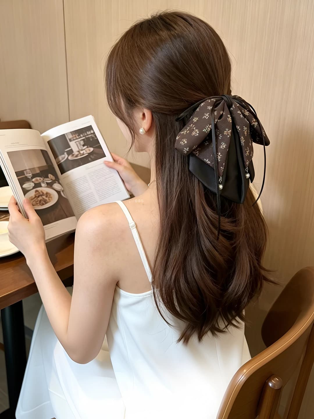 Coffee print bow pony clip ~4 cm