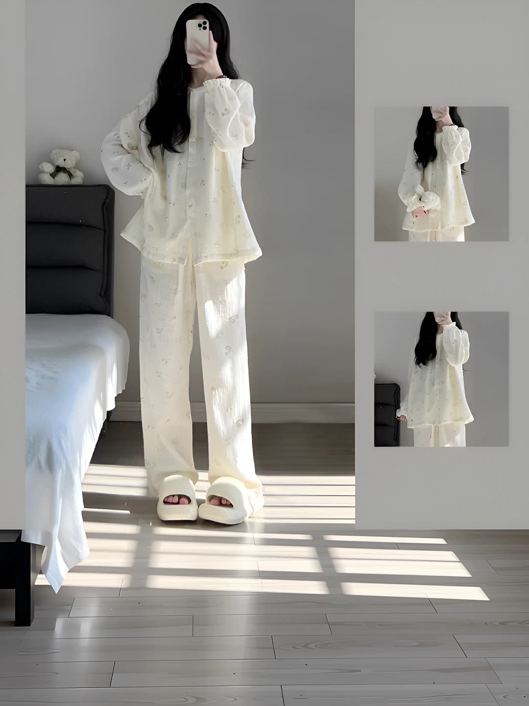 Ayollar uchun koreys uslubida pijama to'plami, uzun yengli va uzun shimli, dumaloq yoqa, katta o'lcham, bahor-kuz va qish mavsumi uchun uy kiyimi