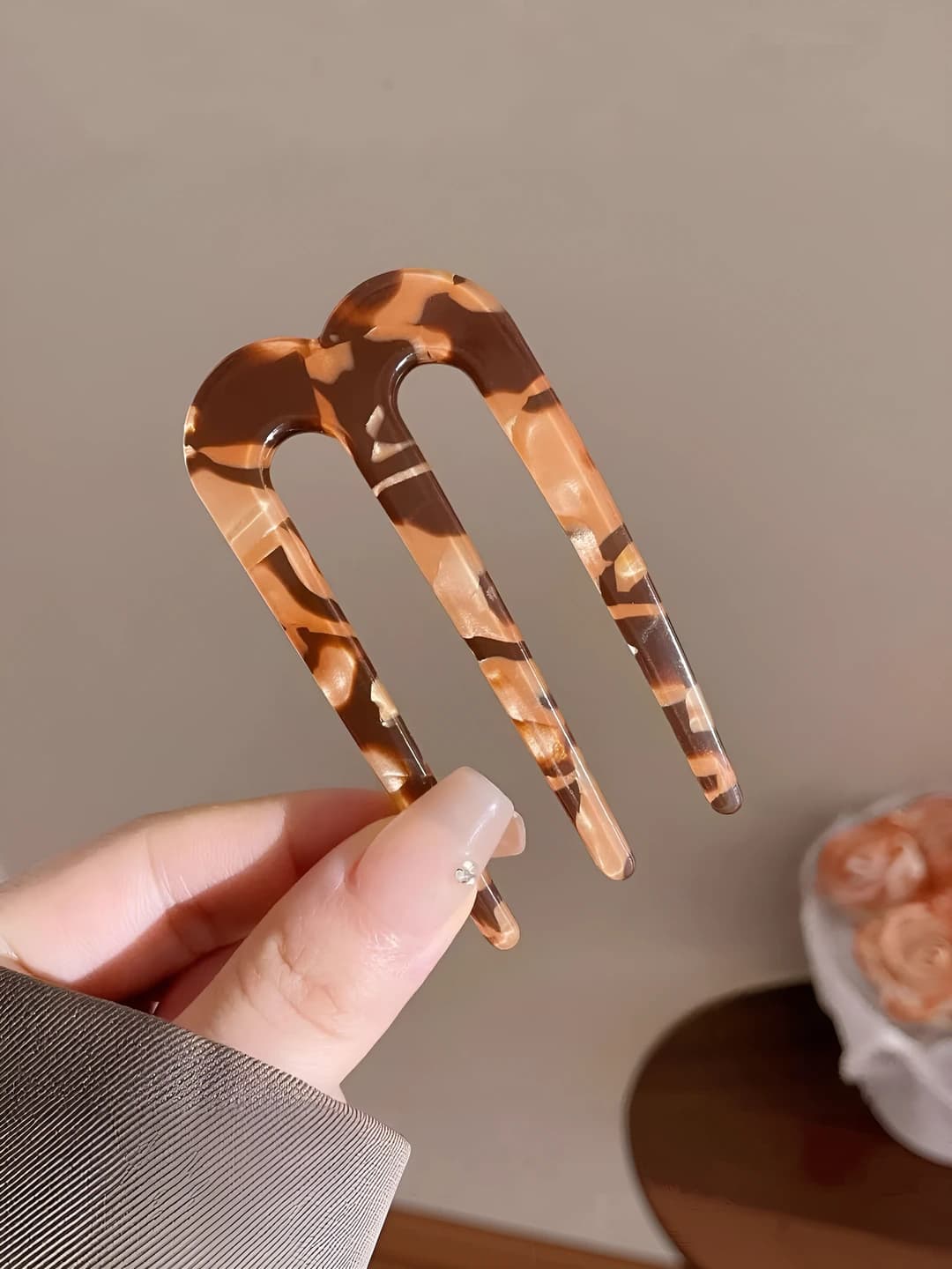 Coffee 3-prong hair pin