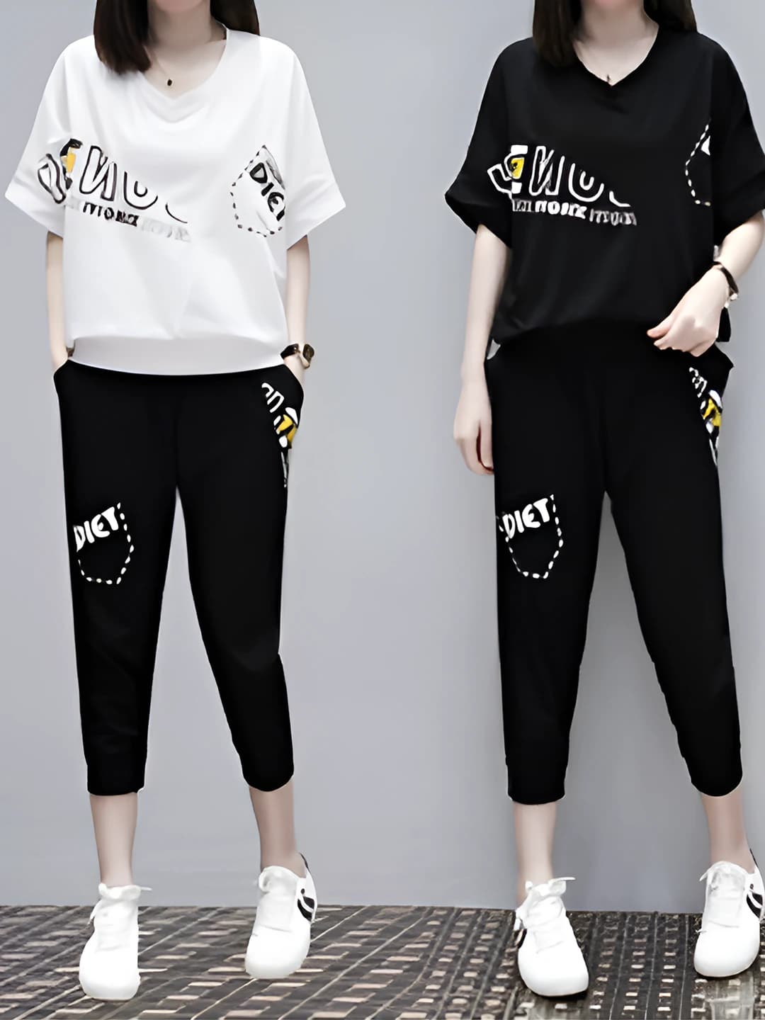 Women's summer casual two-piece set (T-shirt + cropped pants), plus size, loose fit, short sleeve, white