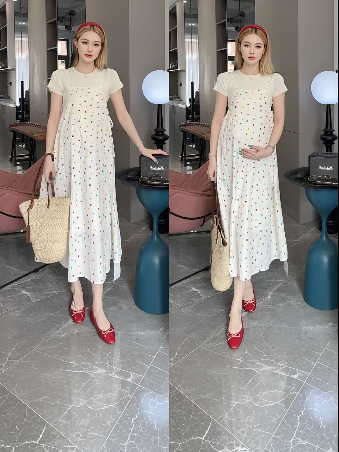 Women's summer casual set: short-sleeve top and strap dress