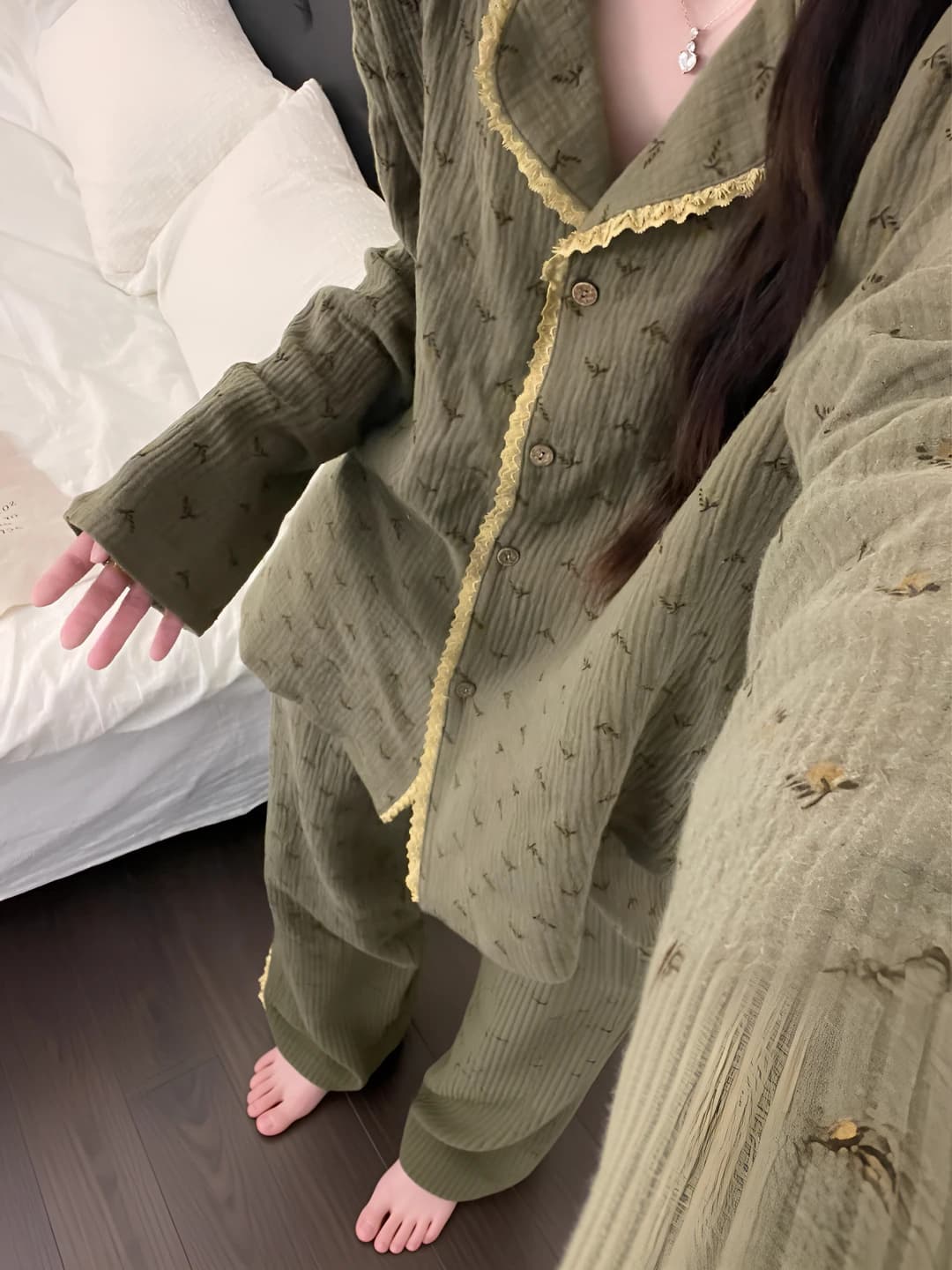 Women's printed loungewear set: cardigan and trousers, lapel collar, long sleeve, plus size, spring-autumn