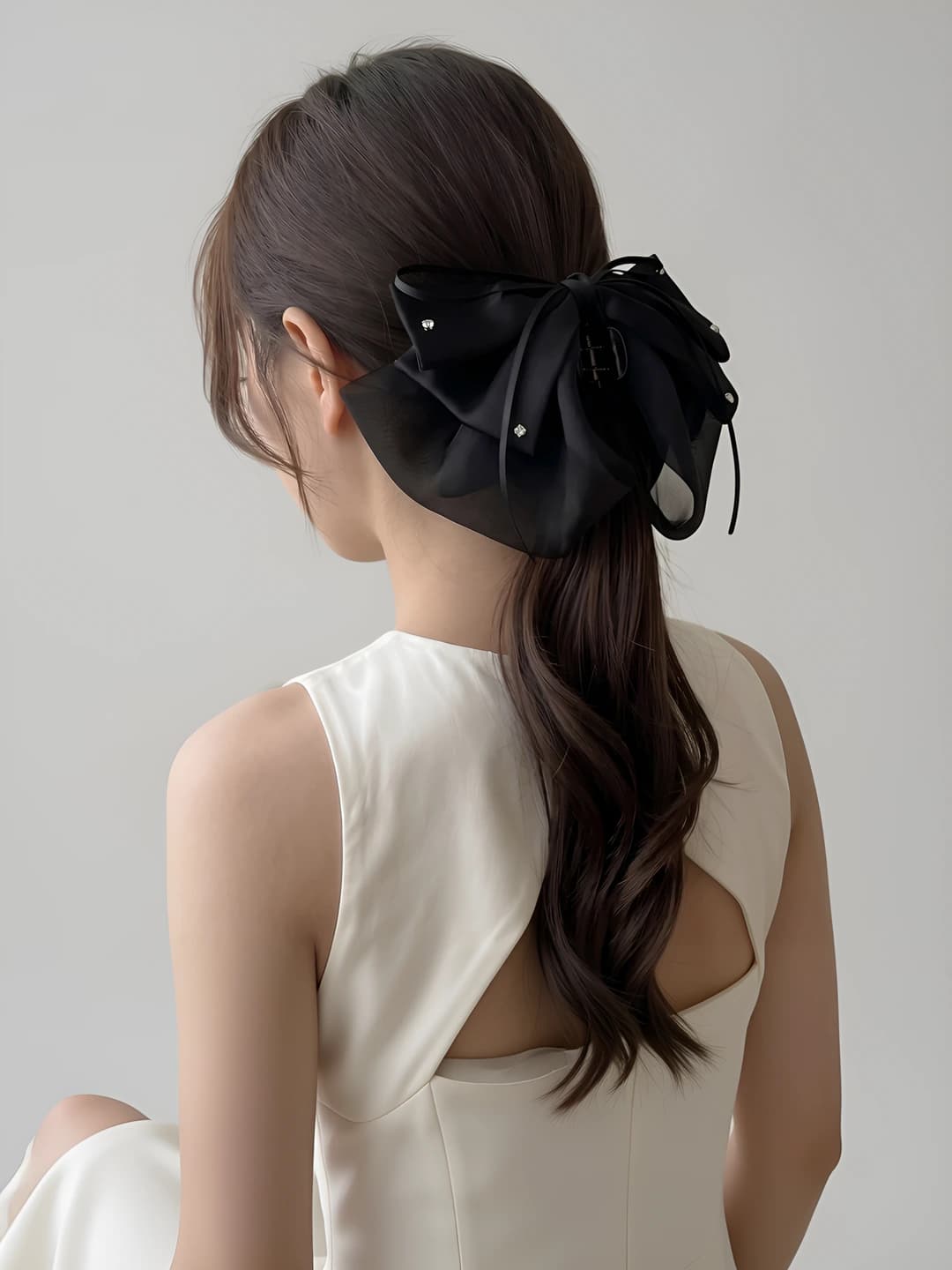 2# Black bow with diamond clip, 24 cm