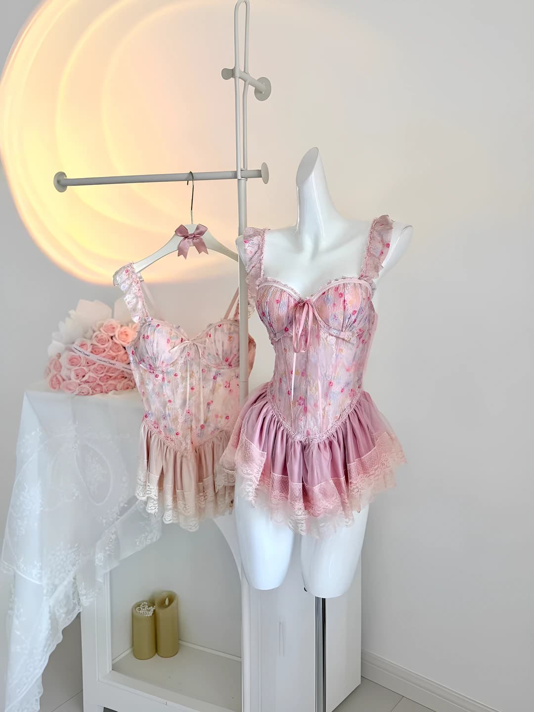 Women's floral bustier lingerie set (top + ruffled skirt), thin, sleeveless, slimming, all-season