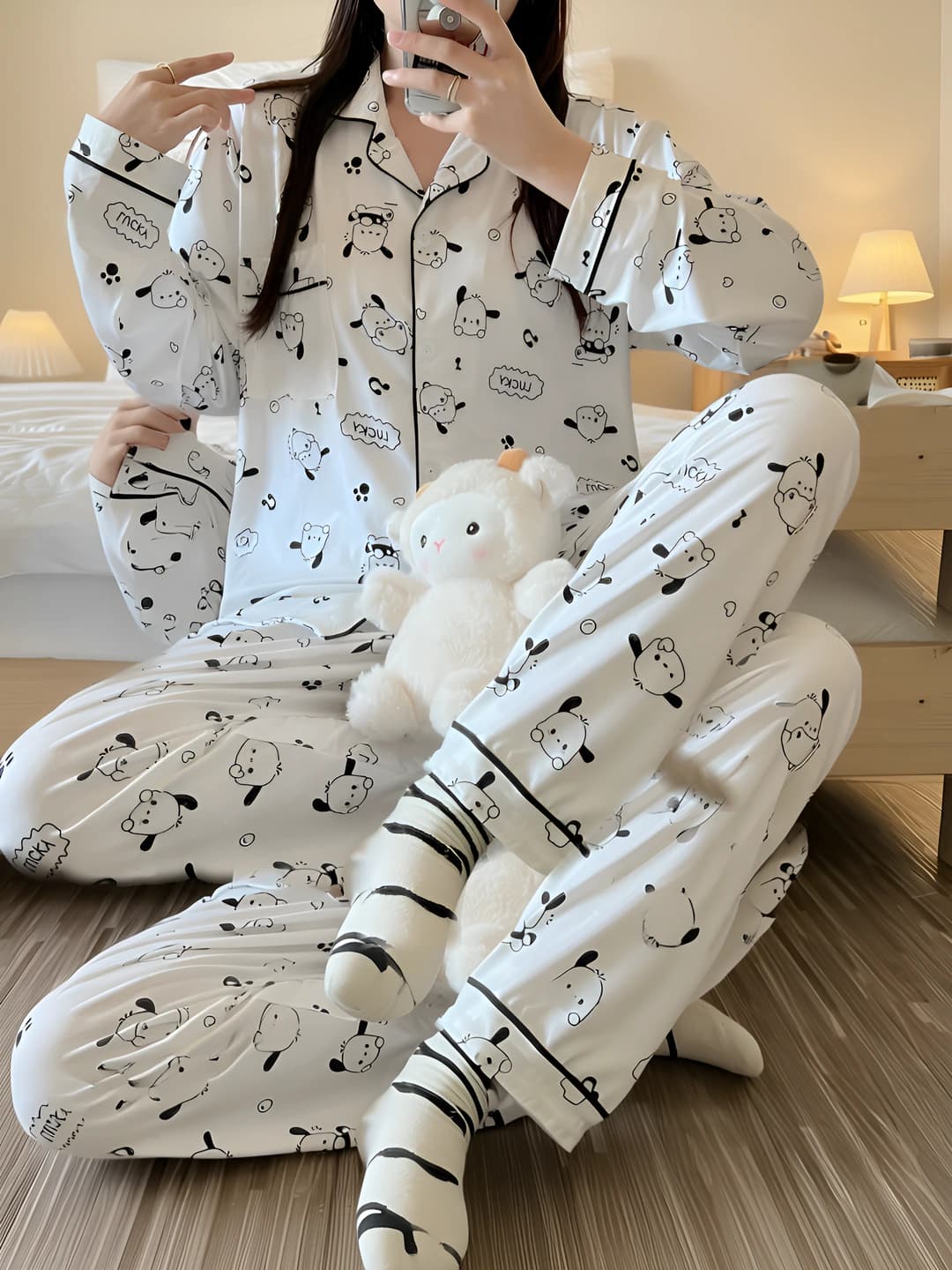 Women's Pacha Dog cartoon pajama set: long-sleeve top and trousers, lapel collar, loungewear for spring, autumn and winter
