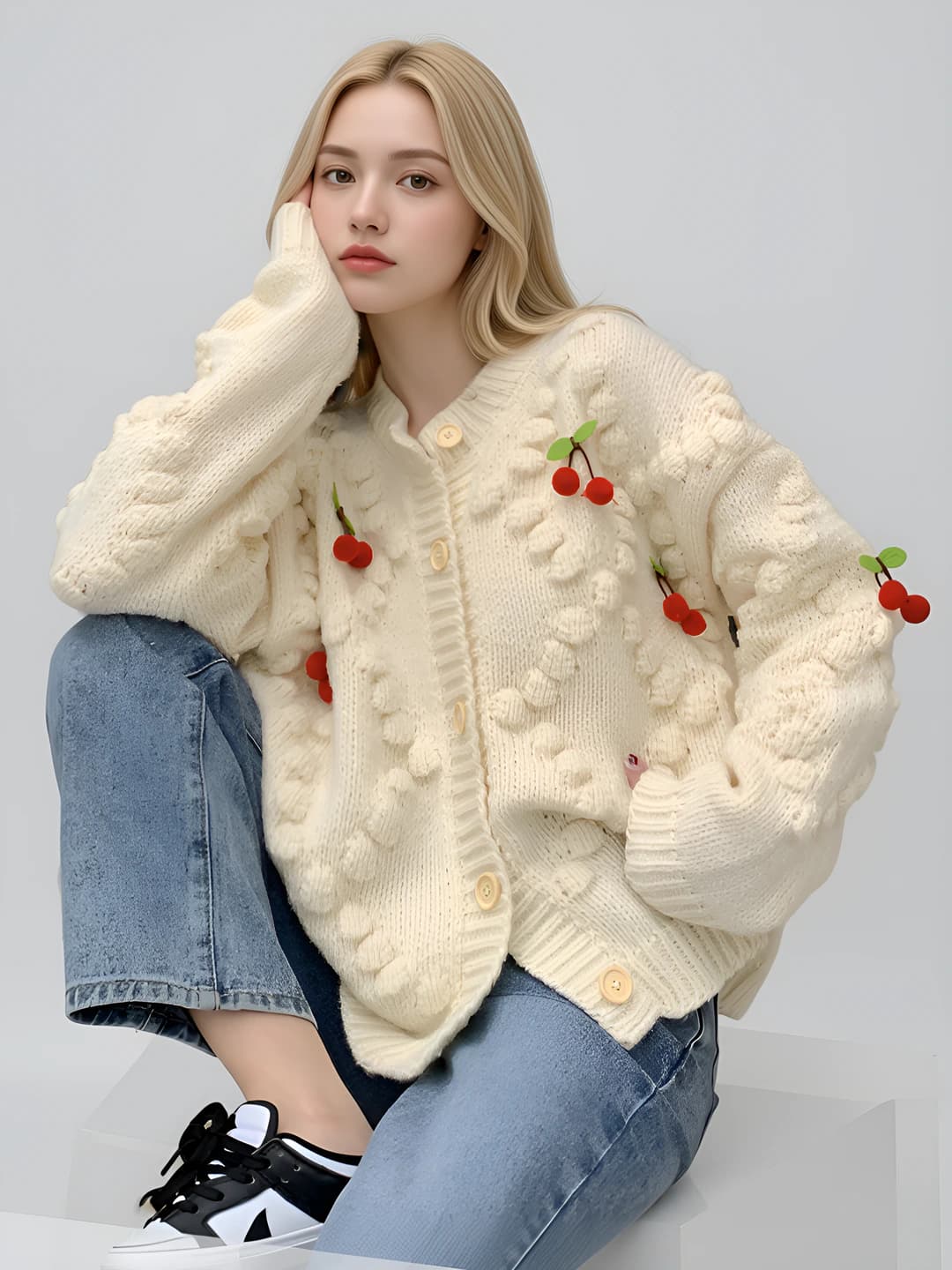 Women's 2026 spring-autumn and winter knit cardigan, long sleeve, crew neck, solid colour, loose fit, embroidered