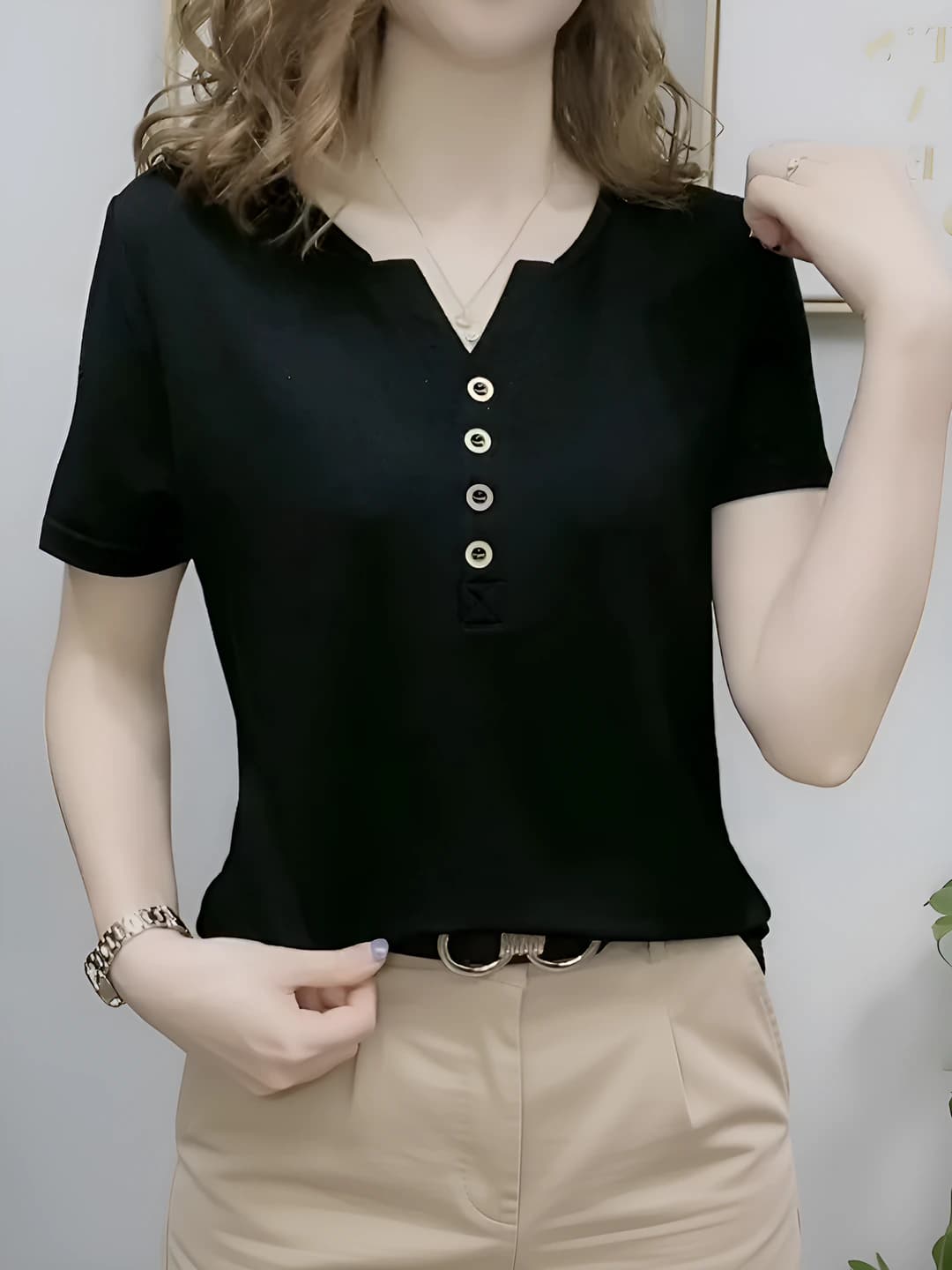 Women's summer short sleeve t-shirt, thin, V-neck, loose fit, solid colour, slimming, for petite